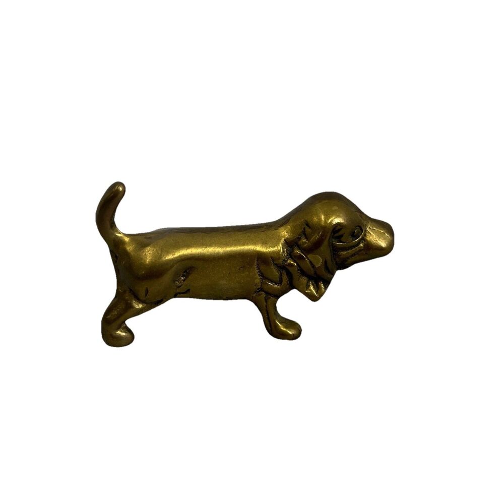 VTG BRASS DACHSHUND DOG FIGURINE WEINER HOUND PAPERWEIGHT 2"H 4"L